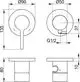 Keuco-Produkt mit kreisförmigem Design, sichtbar sind verschiedene Durchmesser und Anschlussmaße. Ansichten aus mehreren Perspektiven zeigen kombinierte Details.